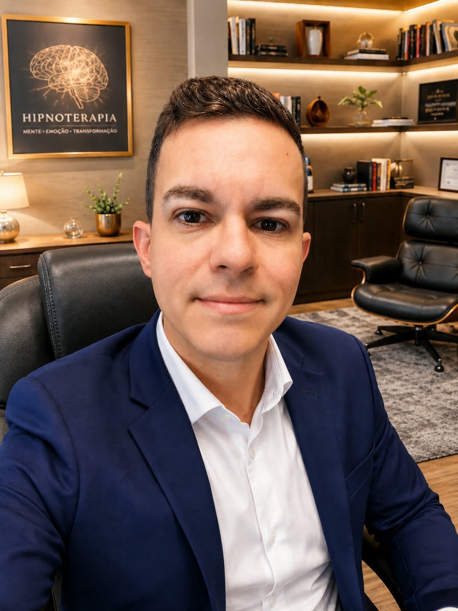 Danilo Bispo, hipnoterapeuta, sentado em seu consultório